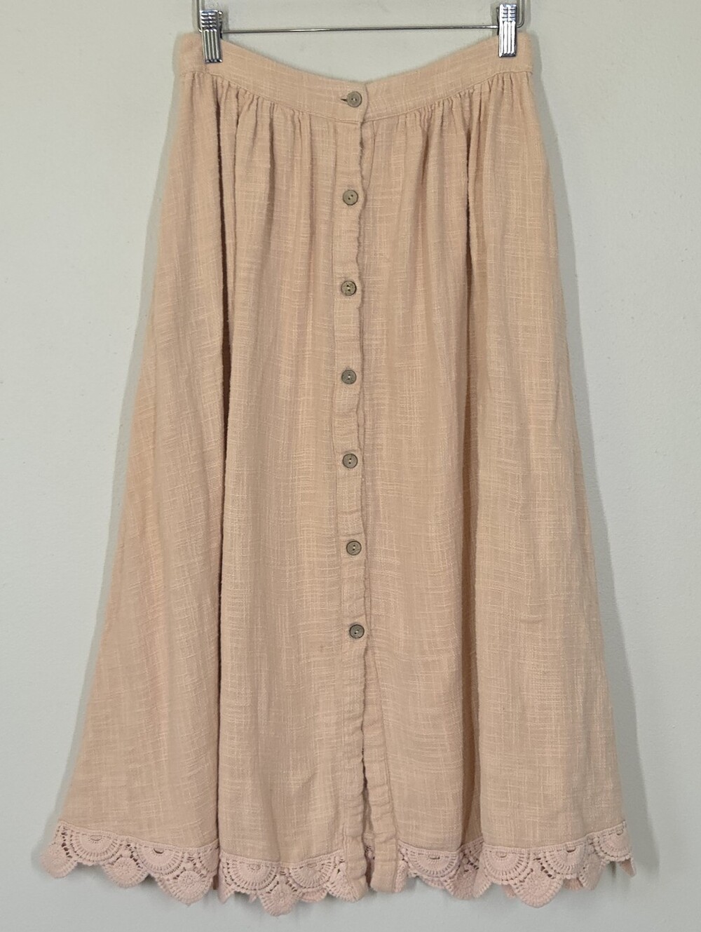 Free People Absolute Goddess Midi Skirt Crochet Trim Button Front S Boho Peach